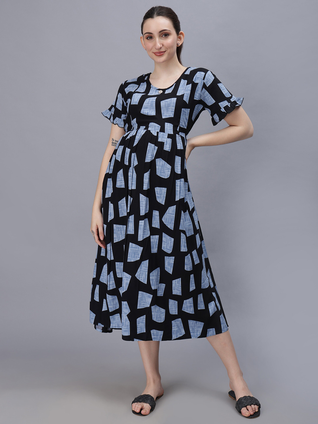 

NIGHTSPREE Abstract Printed Maternity A-Line Midi Dress, Black