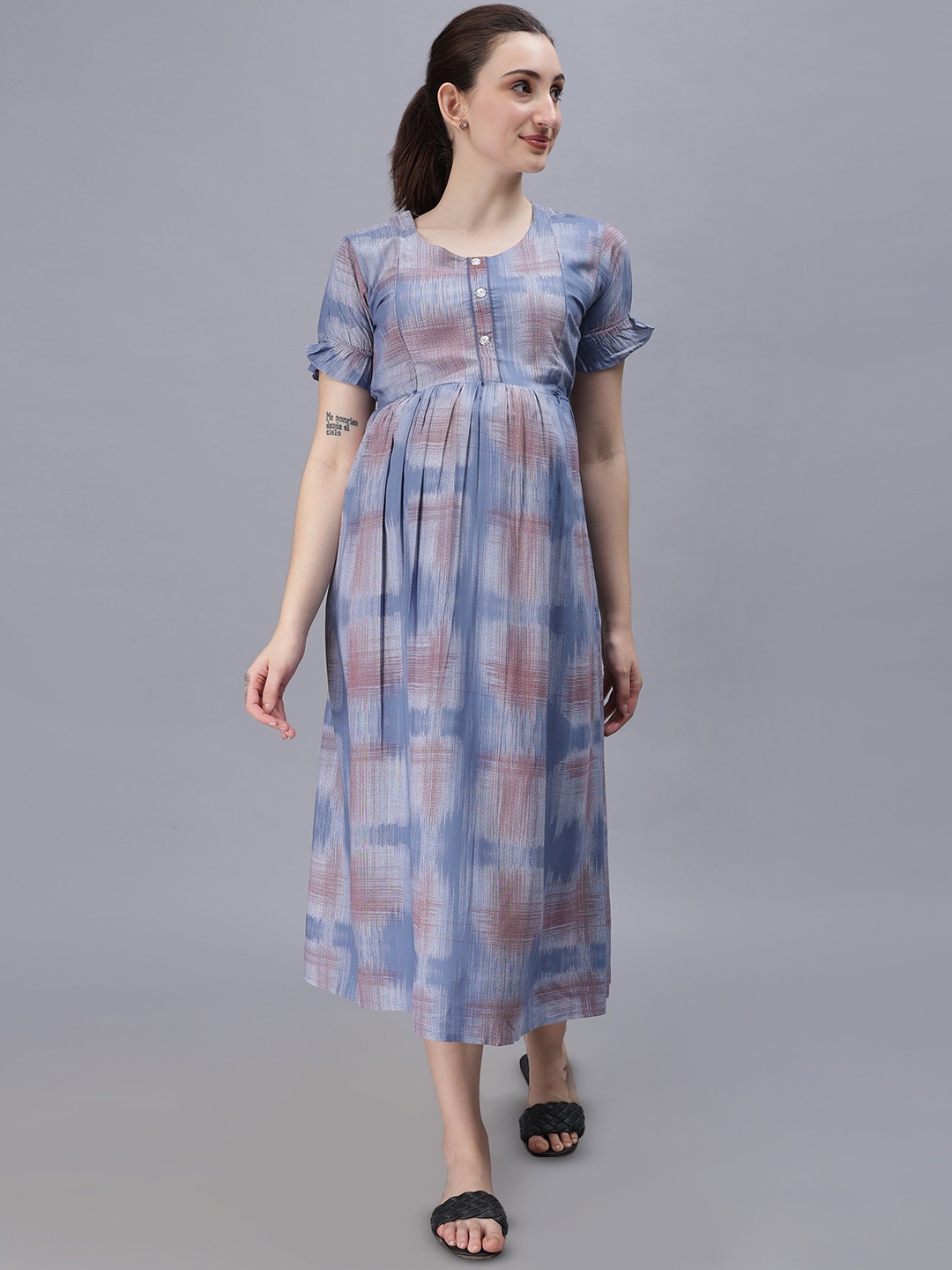 

NIGHTSPREE Abstract Printed Puff Sleeve Maternity Empire Midi Dress, Blue