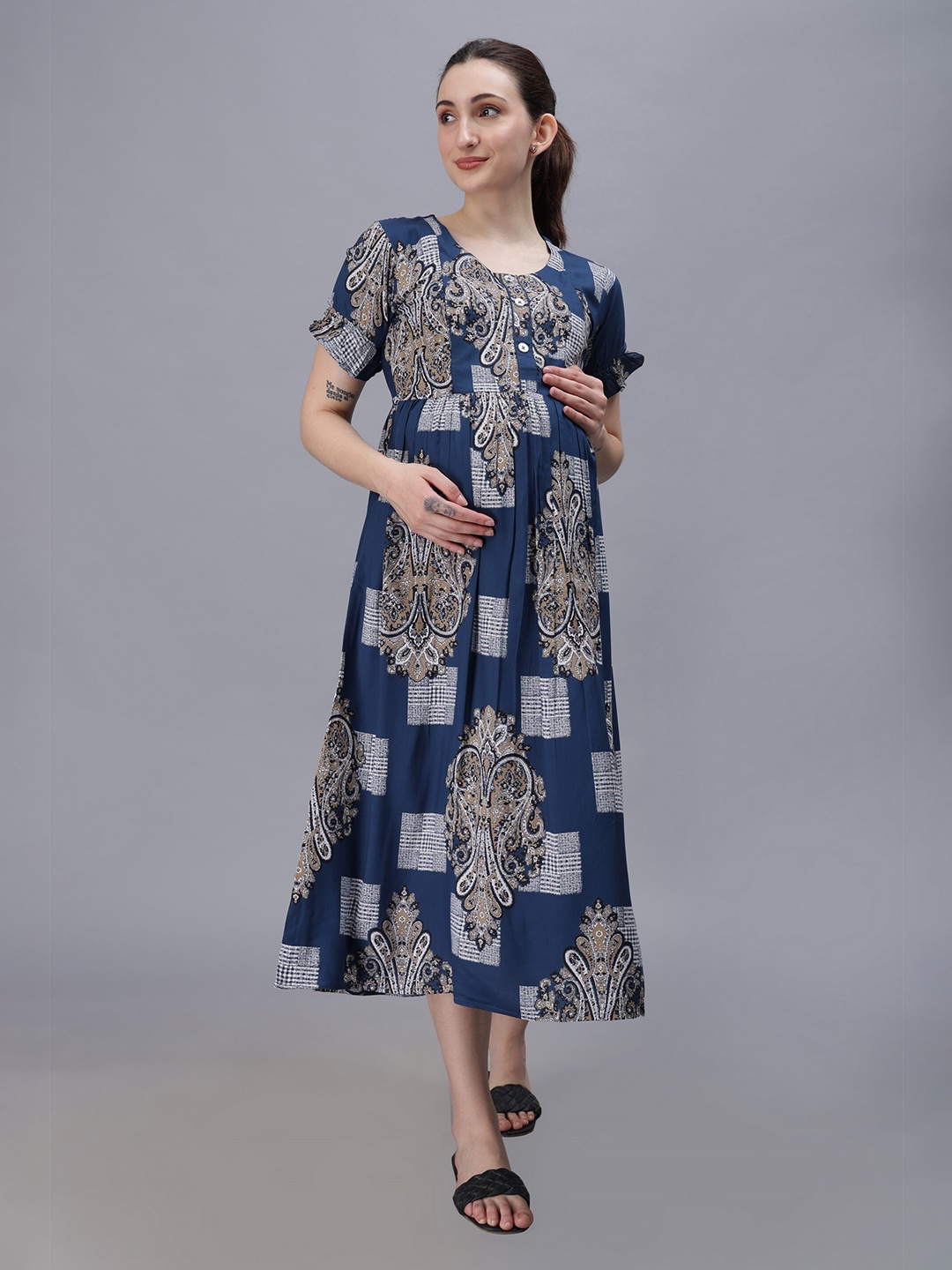 

NIGHTSPREE Floral Printed Round Neck Maternity A-Line Midi Dress, Blue