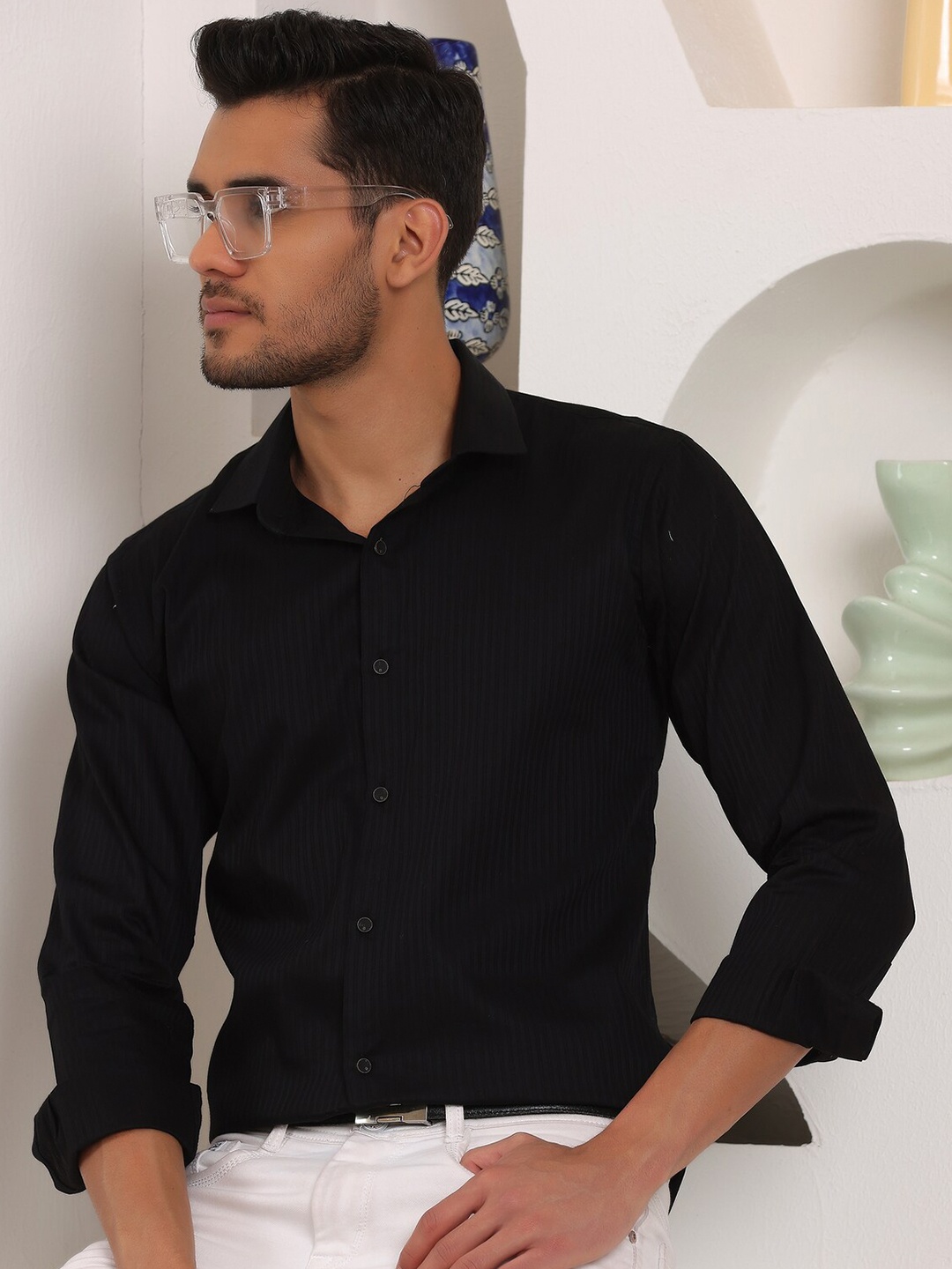 

FILO HEVIS Classic Striped Cotton Formal Shirt, Black