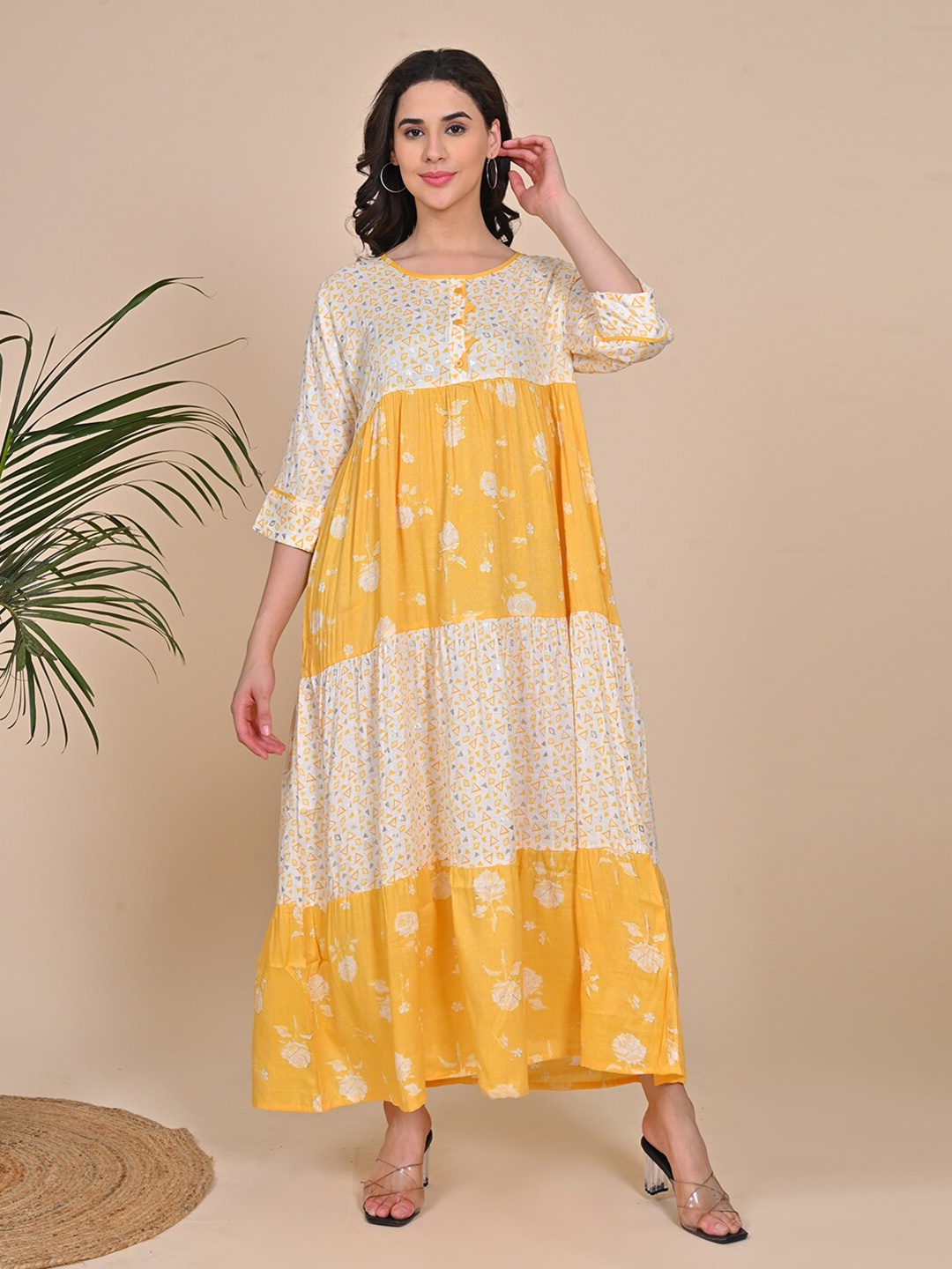 

GOLDSTROMS Floral Printed Tiered & Gathered Detail Maxi Gown Dress, Yellow