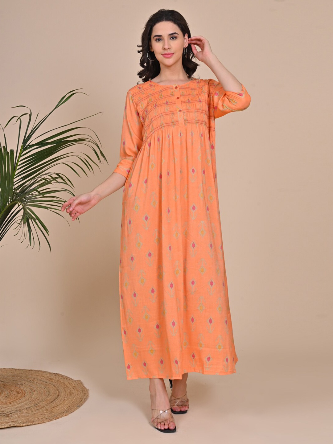 

GOLDSTROMS Ethnic Motifs Printed Round Neck Regular Maxi Everyday Nightdress, Orange