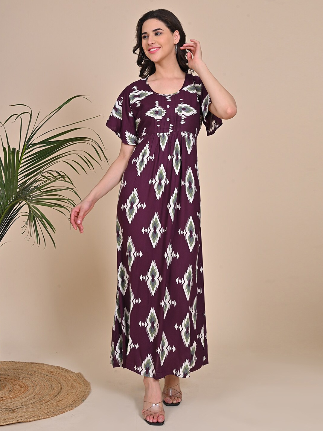 

GOLDSTROMS Ethnic Motifs Printed Maxi Nightdress, Magenta