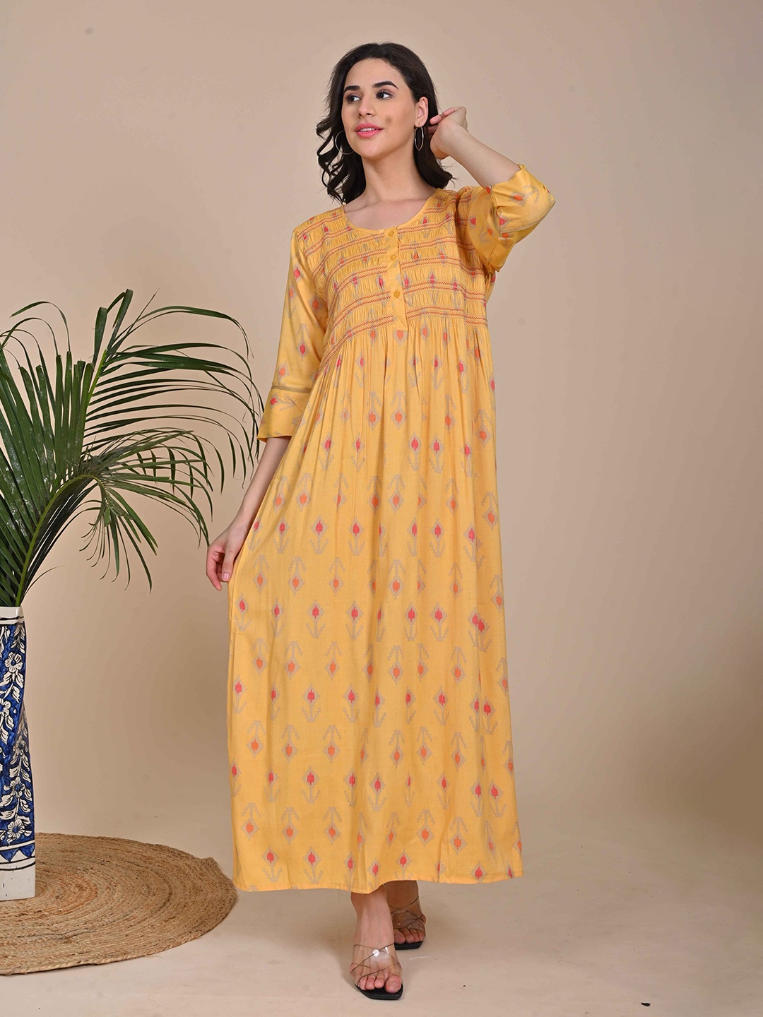

GOLDSTROMS Ethnic Motifs Printed Maxi Nightdress, Mustard
