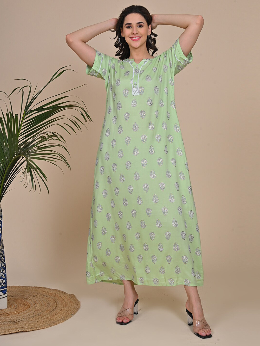 

GOLDSTROMS Ethnic Motifs Printed Maxi Nightdress, Green