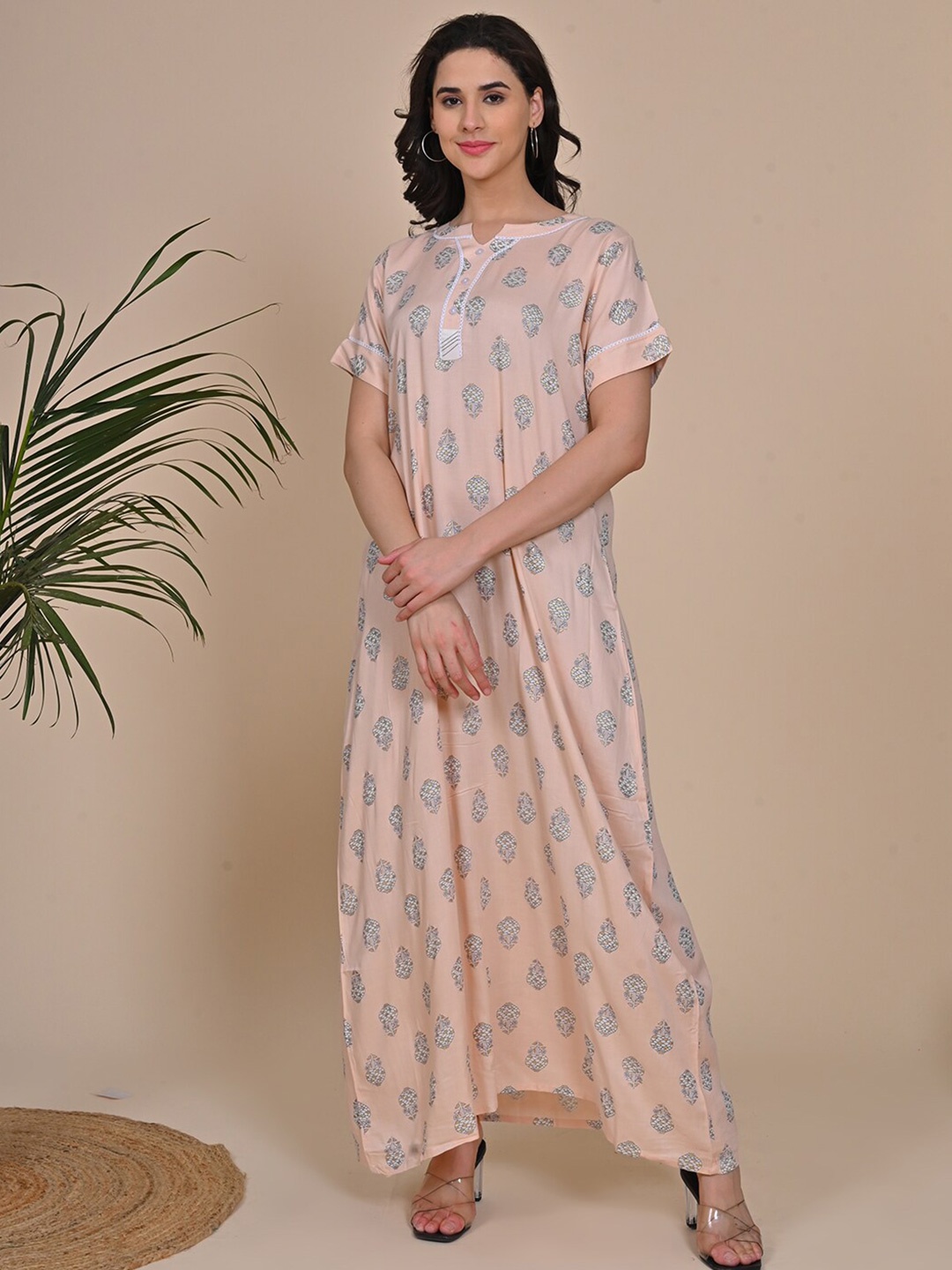 

GOLDSTROMS Floral Printed Round Neck Maxi Everyday Regular Nightdress, Peach