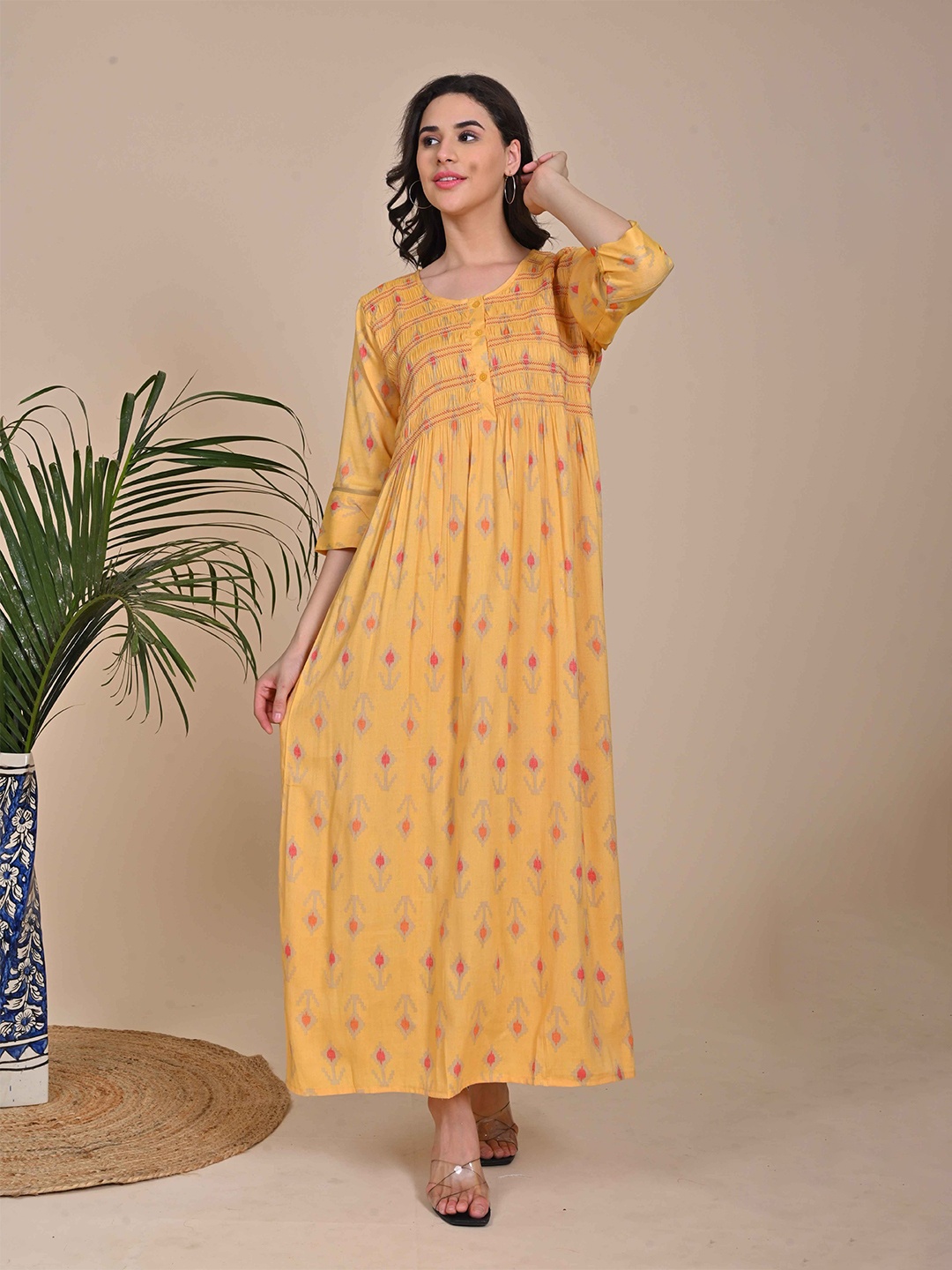 

GOLDSTROMS Ethnic Motifs Printed Maxi Nightdress, Mustard