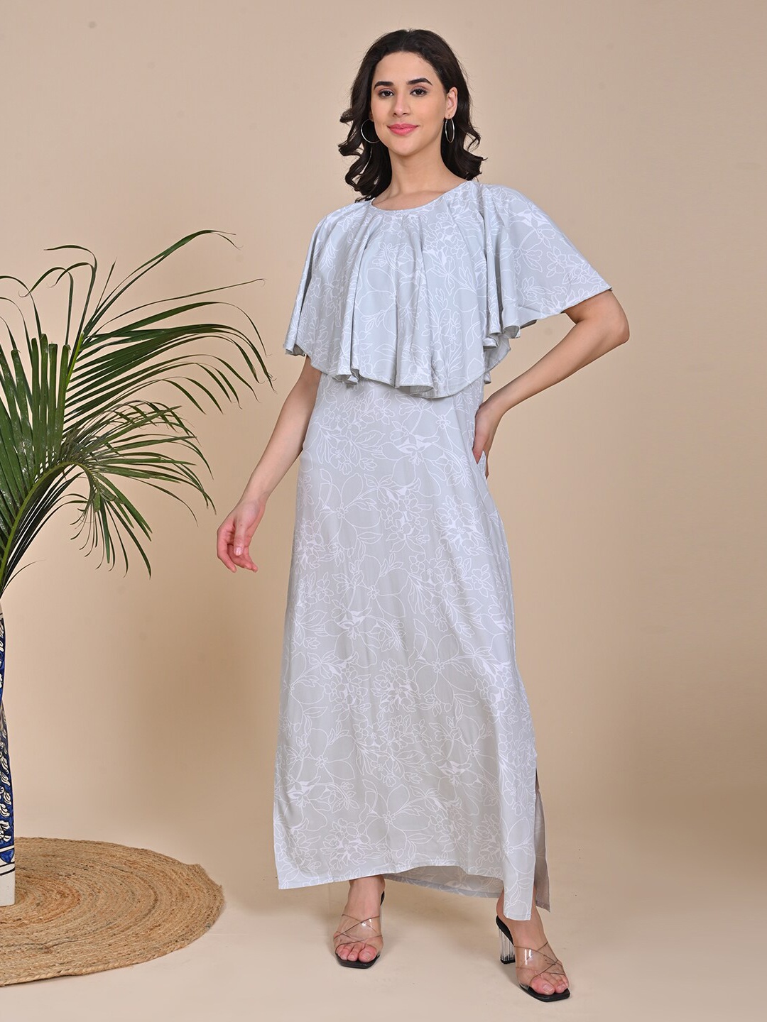 

GOLDSTROMS Floral Printed Shoulder Straps Maxi Dress With Cape, Grey