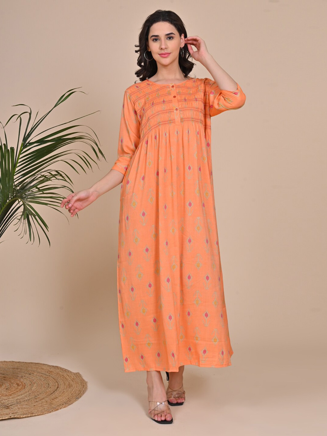 

GOLDSTROMS Ethnic Motifs Printed Maxi Nightdress, Orange