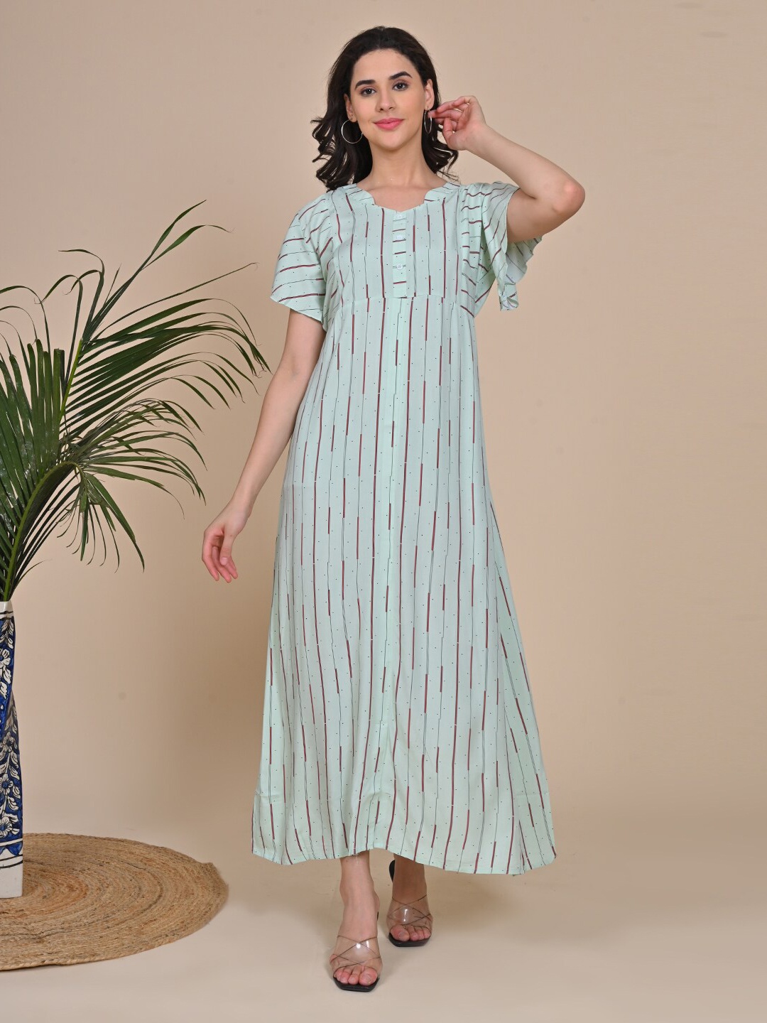 

GOLDSTROMS Striped Printed V-Neck Flared Sleeve Straight Maxi Dress, Green