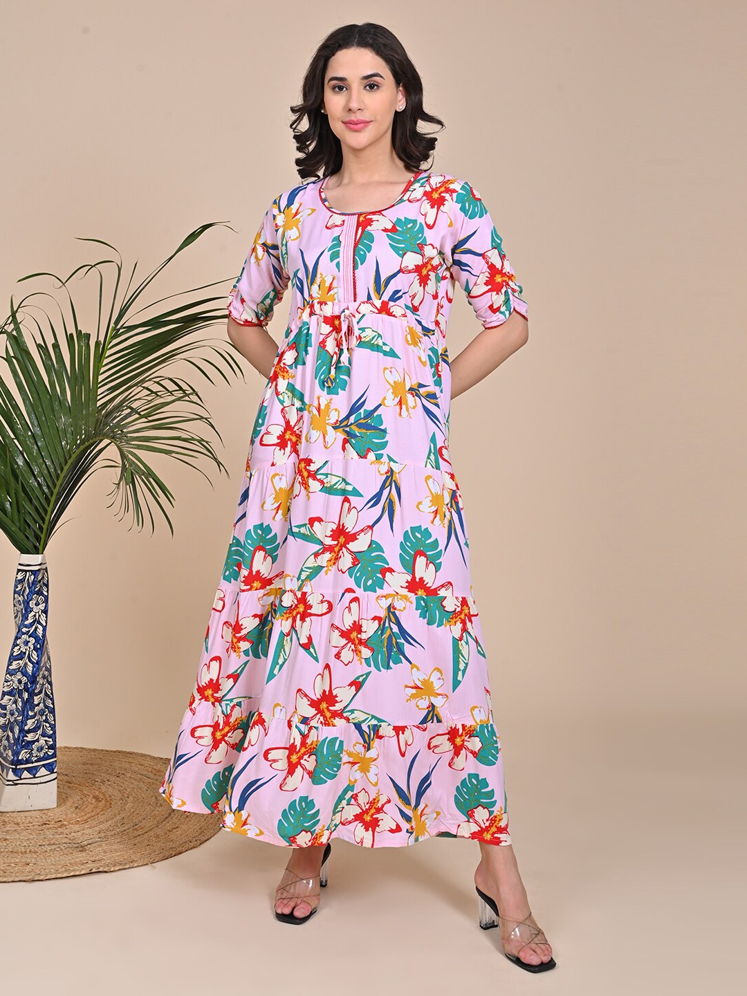 

GOLDSTROMS Floral Printed Tie-Ups Tiered Maxi Fit & Flare Dress, Peach