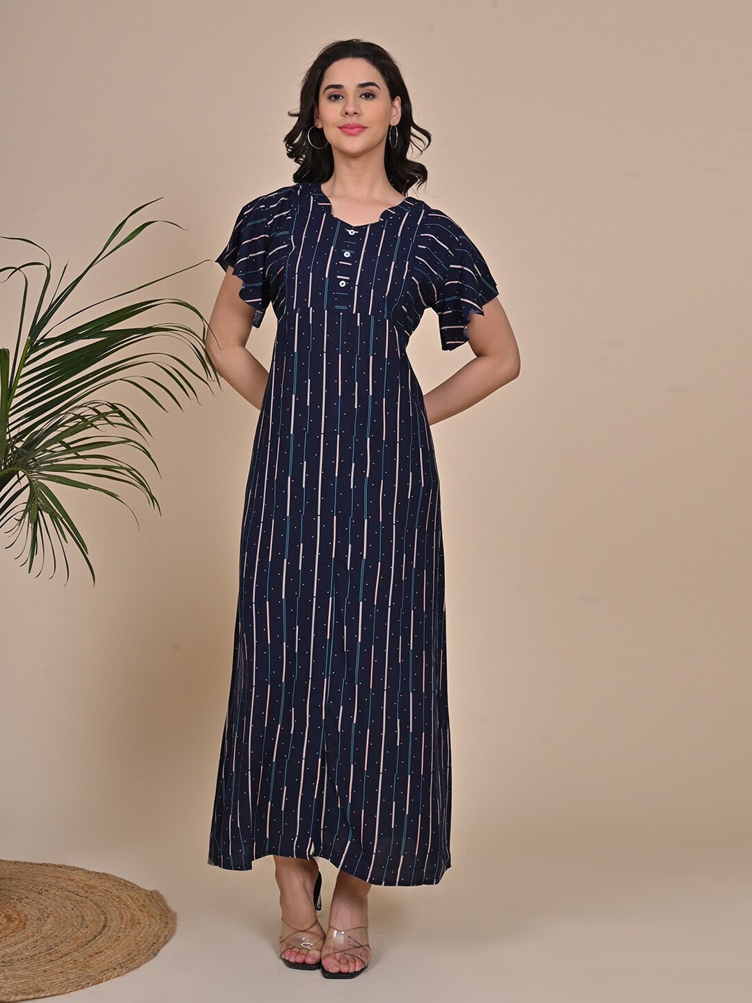 

GOLDSTROMS Striped Printed V-Neck Flared Sleeves Regular Everyday Maxi Nightdress, Black