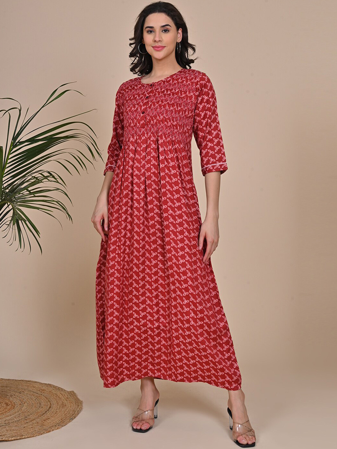 

GOLDSTROMS Floral Printed Round Neck Smocked Maxi Dress, Red
