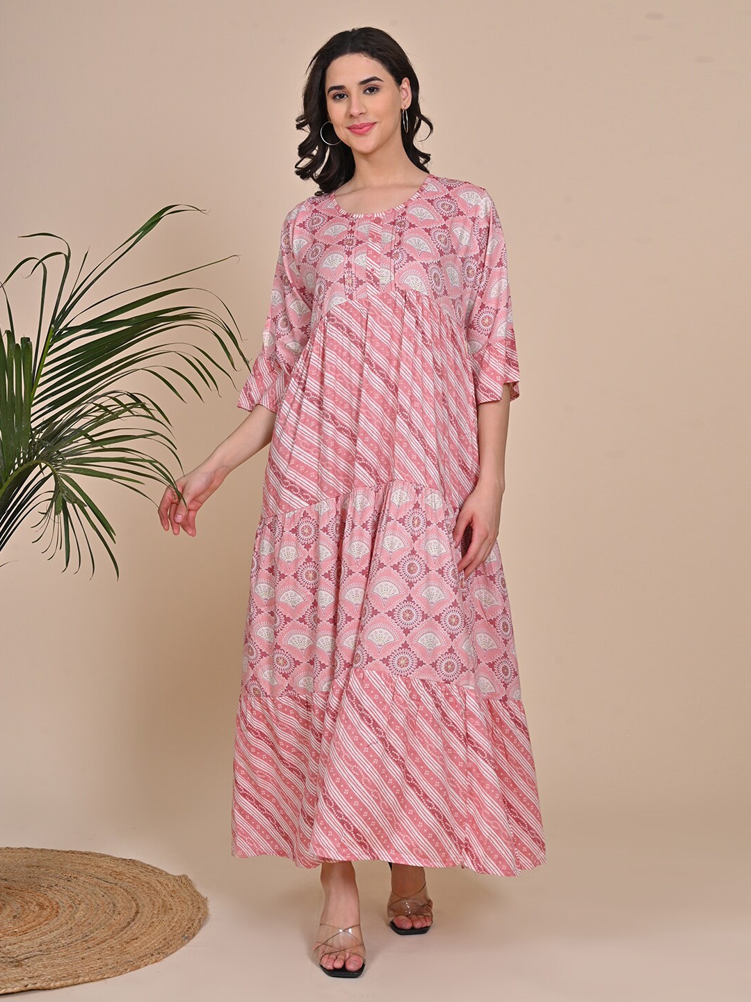 

GOLDSTROMS Floral Printed Three-Quarter Sleeves Flared Maxi Dress, Peach