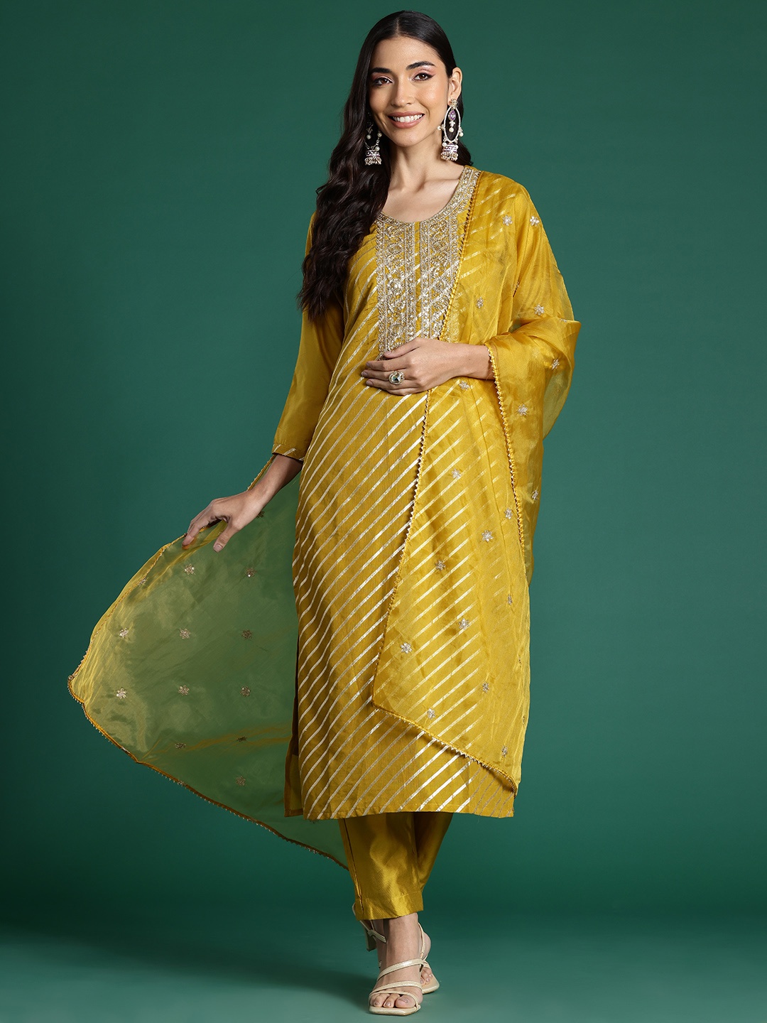 

Indo Era Women Leheriya Embroidered Sequinned Chanderi Silk Kurta With Trousers & Dupatta, Mustard