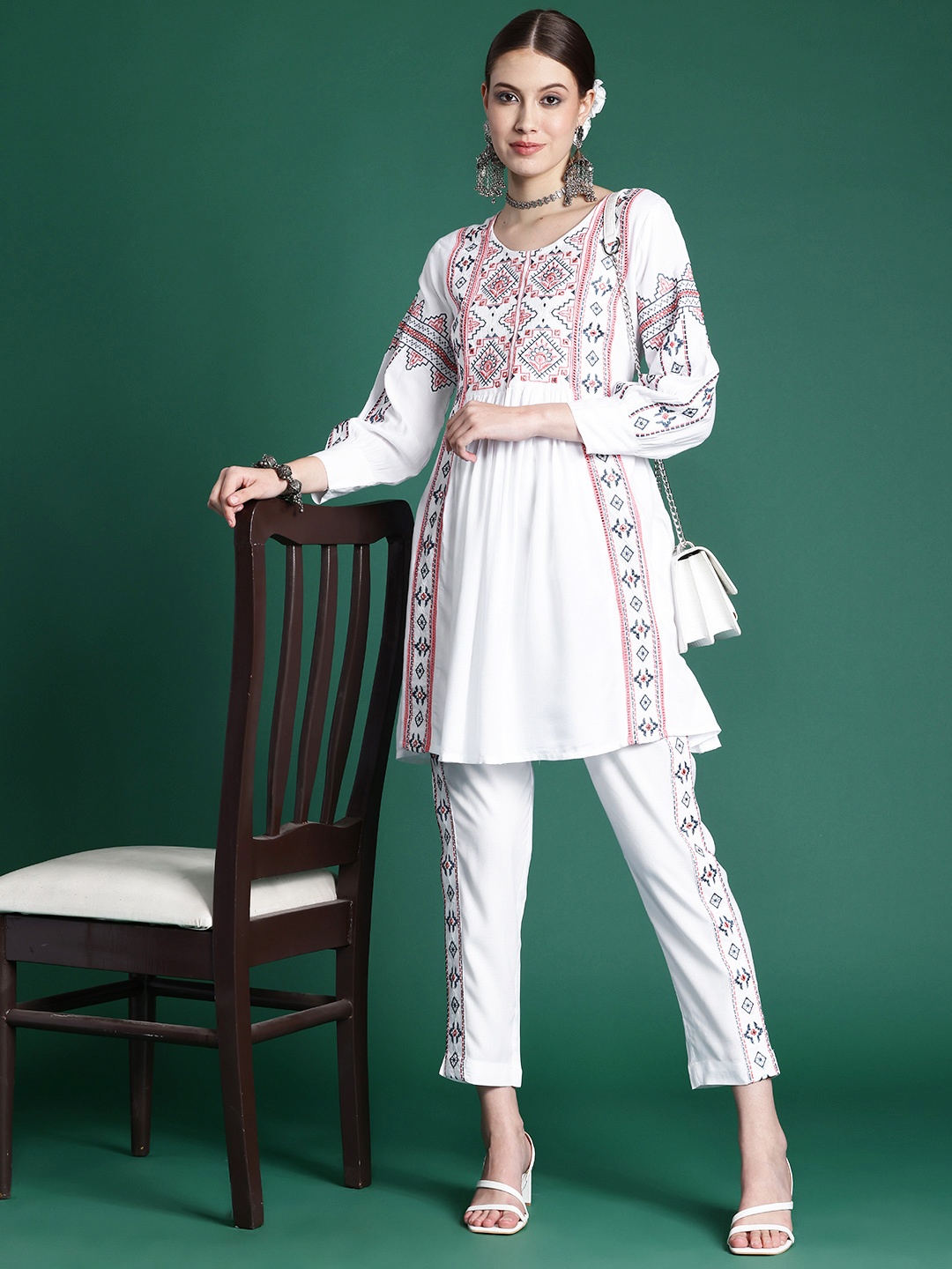 

Indo Era Embroidered Tunic With Trousers, White