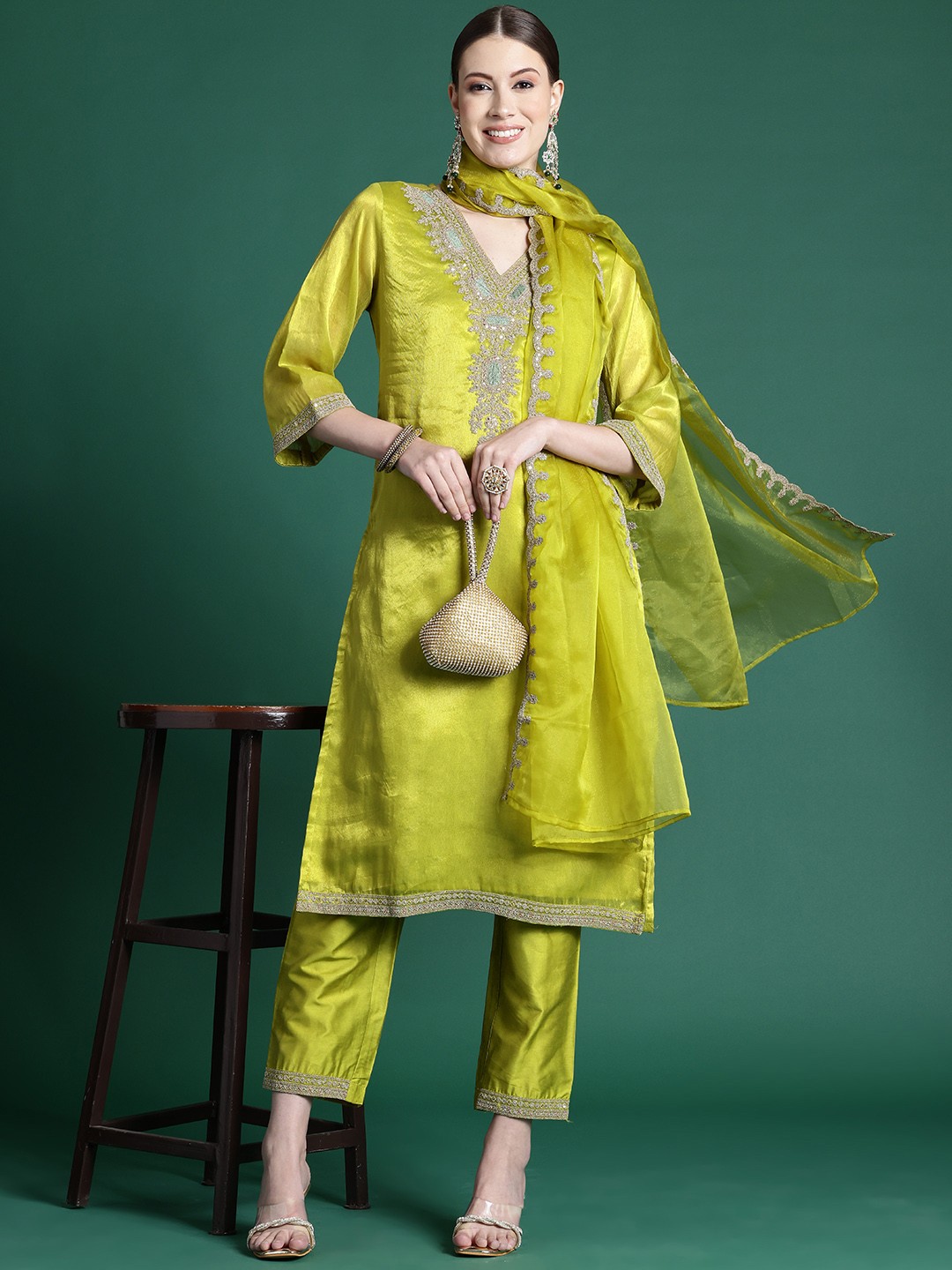 

Indo Era Women Ethnic Motifs Embroidered Regular Kurta with Trousers & With Dupatta, Green