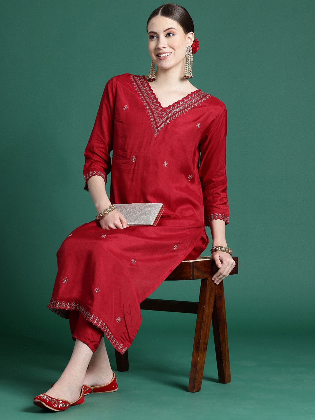 

Indo Era Ethnic Motifs Embroidered Regular Thread Work Kurta With Trousers, Red