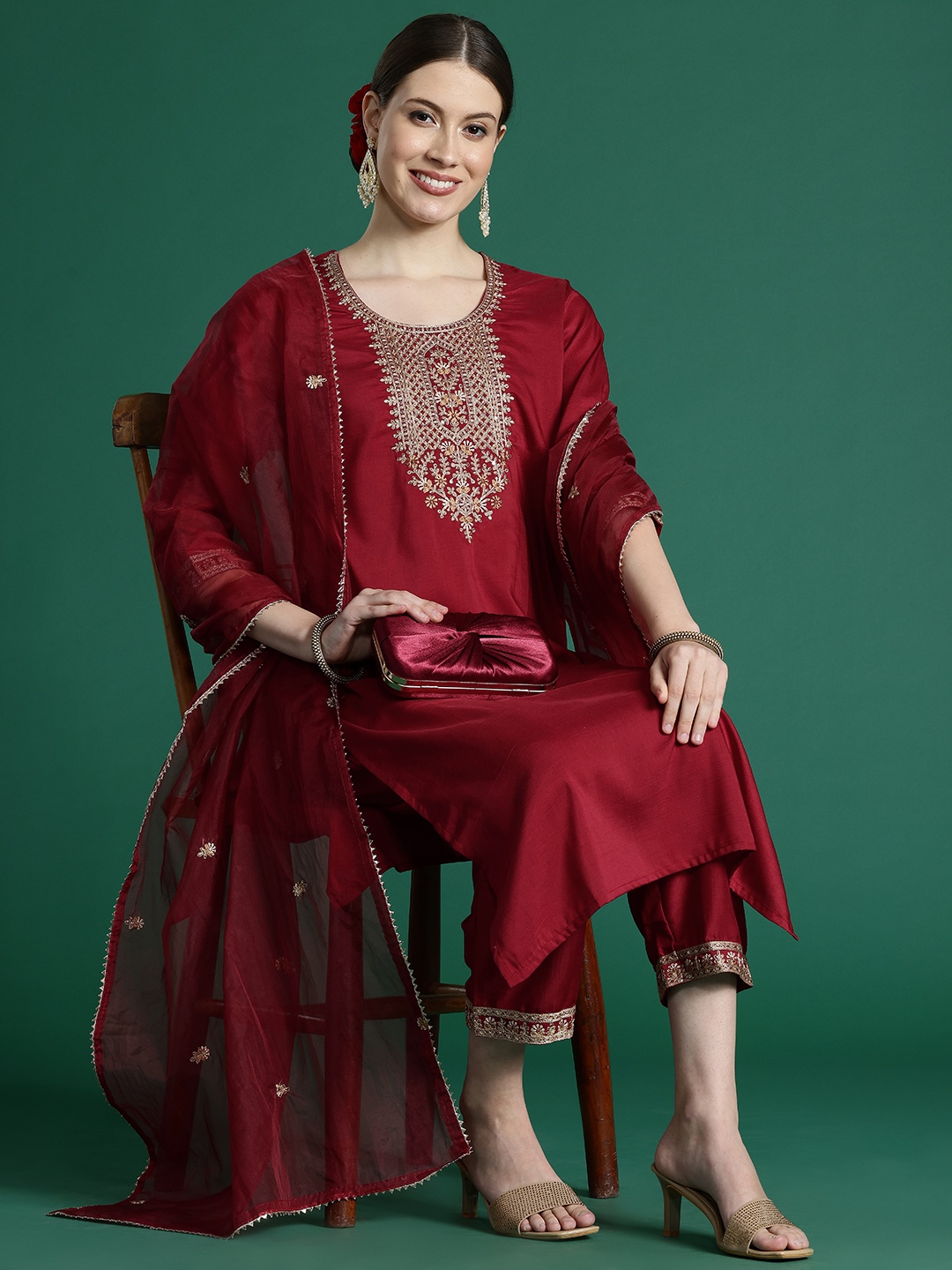 

Indo Era Ethnic Motifs Embroidered Thread Work Kurta With Trousers & Dupatta, Maroon