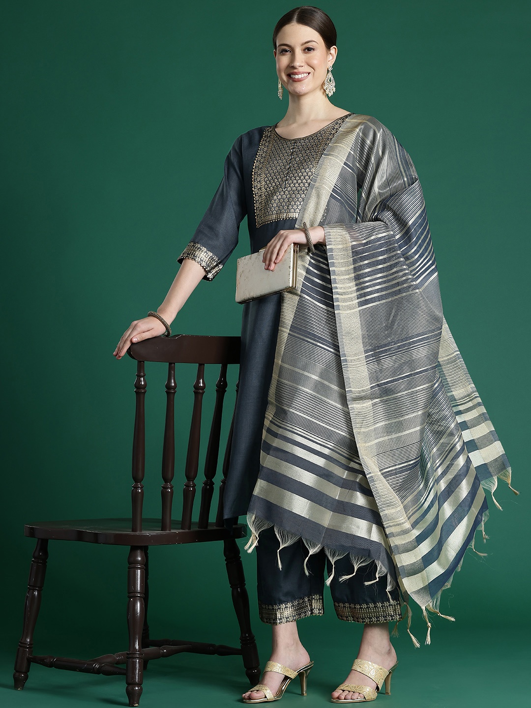 

Indo Era Yoke Design Zari Pure Cotton Kurta With Palazzos & Dupatta, Grey