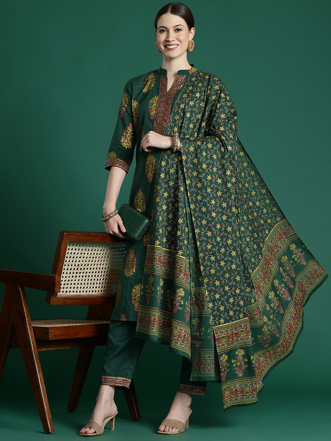 

Indo Era Floral Printed Pure Cotton Kurta With Trousers & Dupatta, Green