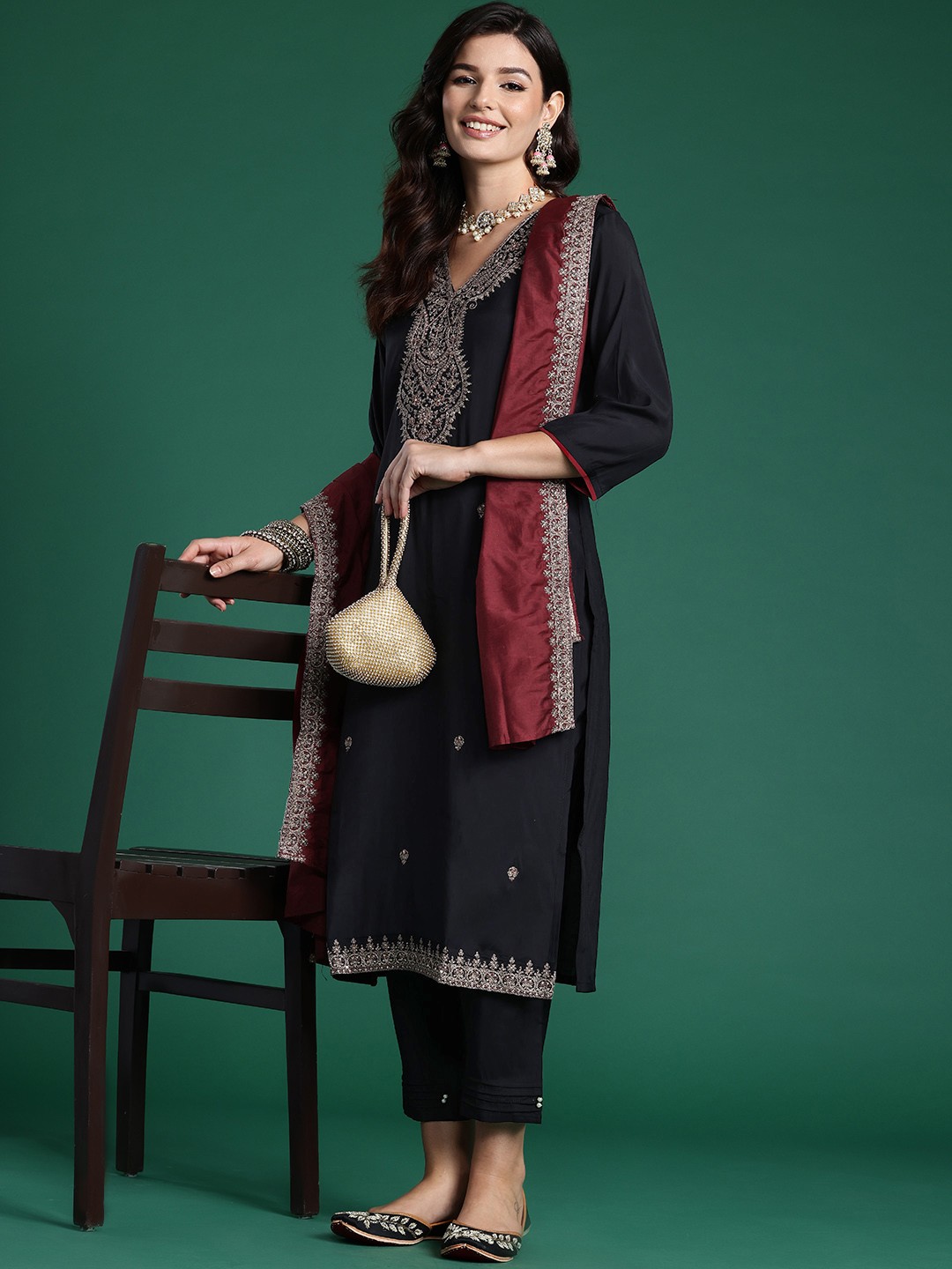 

Indo Era Ethnic Motifs Embroidered Sequinned Kurta With Trousers & Dupatta, Black