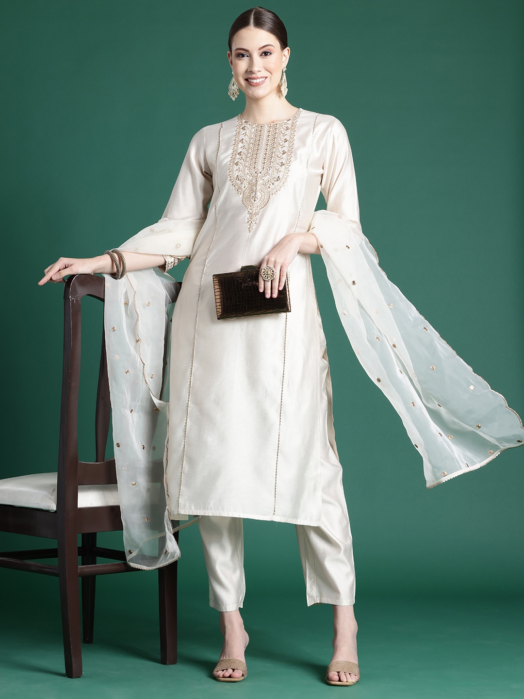 

Indo Era Ethnic Motifs Embroidered Panelled Liva Kurta With Trousers & Dupatta, Off white