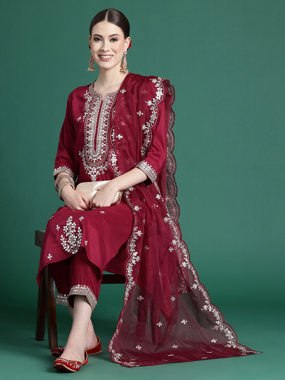 

Indo Era Ethnic Motifs Embroidered Gotta Patti Kurta With Trousers & Dupatta, Maroon