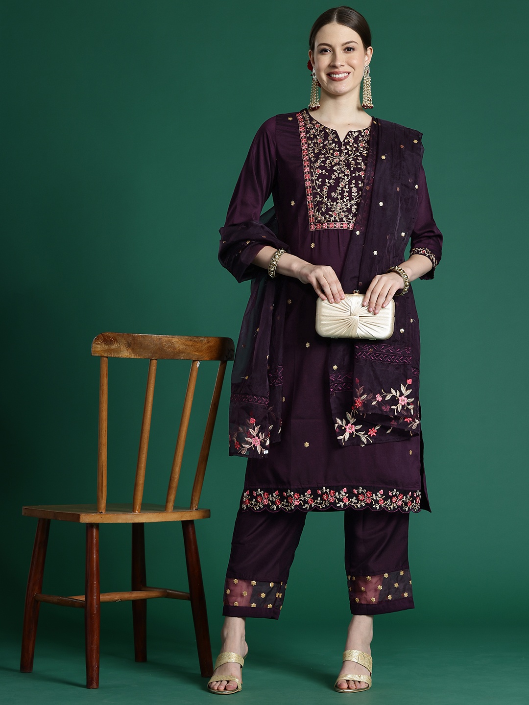 

Indo Era Ethnic Motifs Embroidered Zari Kurta With Trousers & Dupatta, Purple