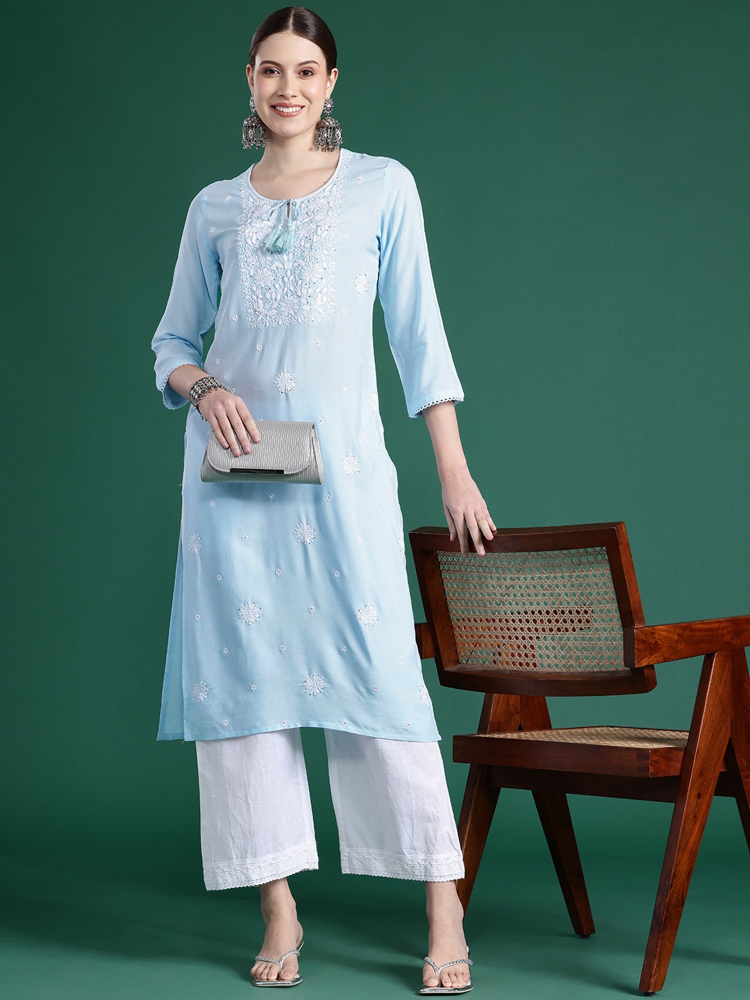 

Indo Era Floral Embroidered Sequinned Kurta, Blue