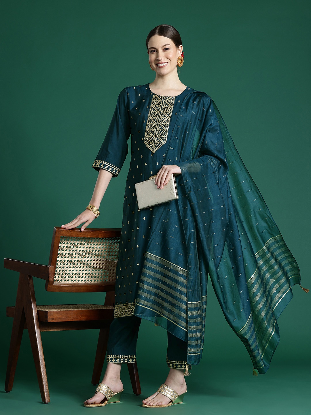 

Indo Era Women Embroidered Regular Sequinned Chanderi Silk Kurta with Trousers & With Dupatta, Teal