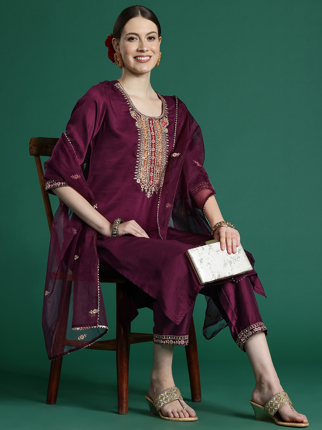 

Indo Era Women Ethnic Motifs Embroidered Regular Thread Work Kurta with Trousers & With Dupatta, Burgundy