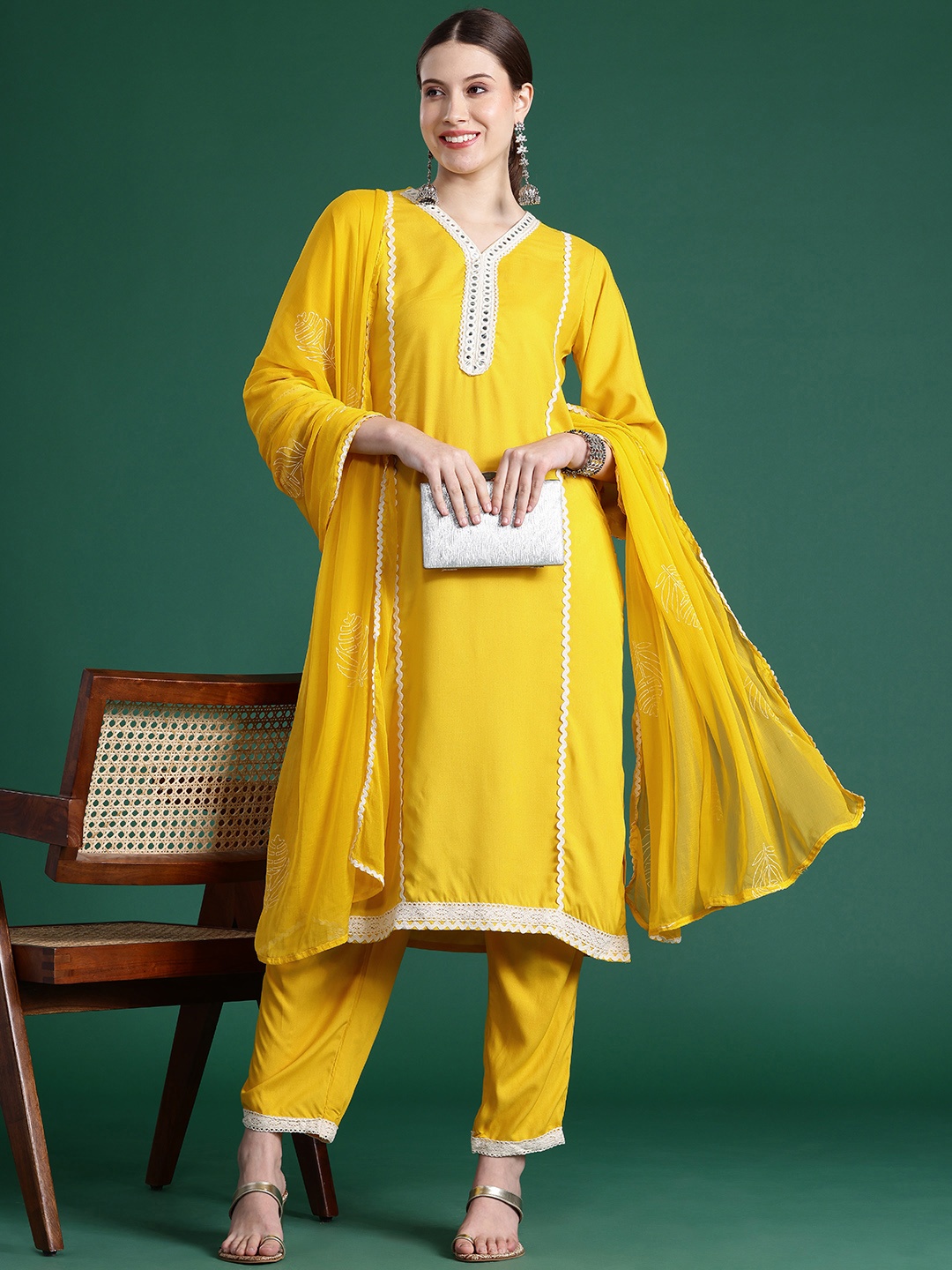 

Indo Era Embroidered Panelled Mirror Work Kurta With Trousers & Dupatta, Yellow