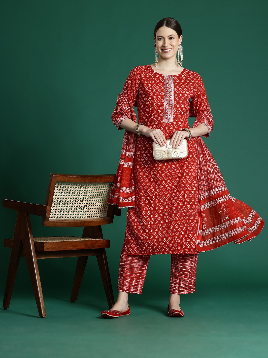 

Indo Era Women Ethnic Motifs Printed Regular Mirror Work Pure Cotton Kurta with Trousers & With Dupatta, Red