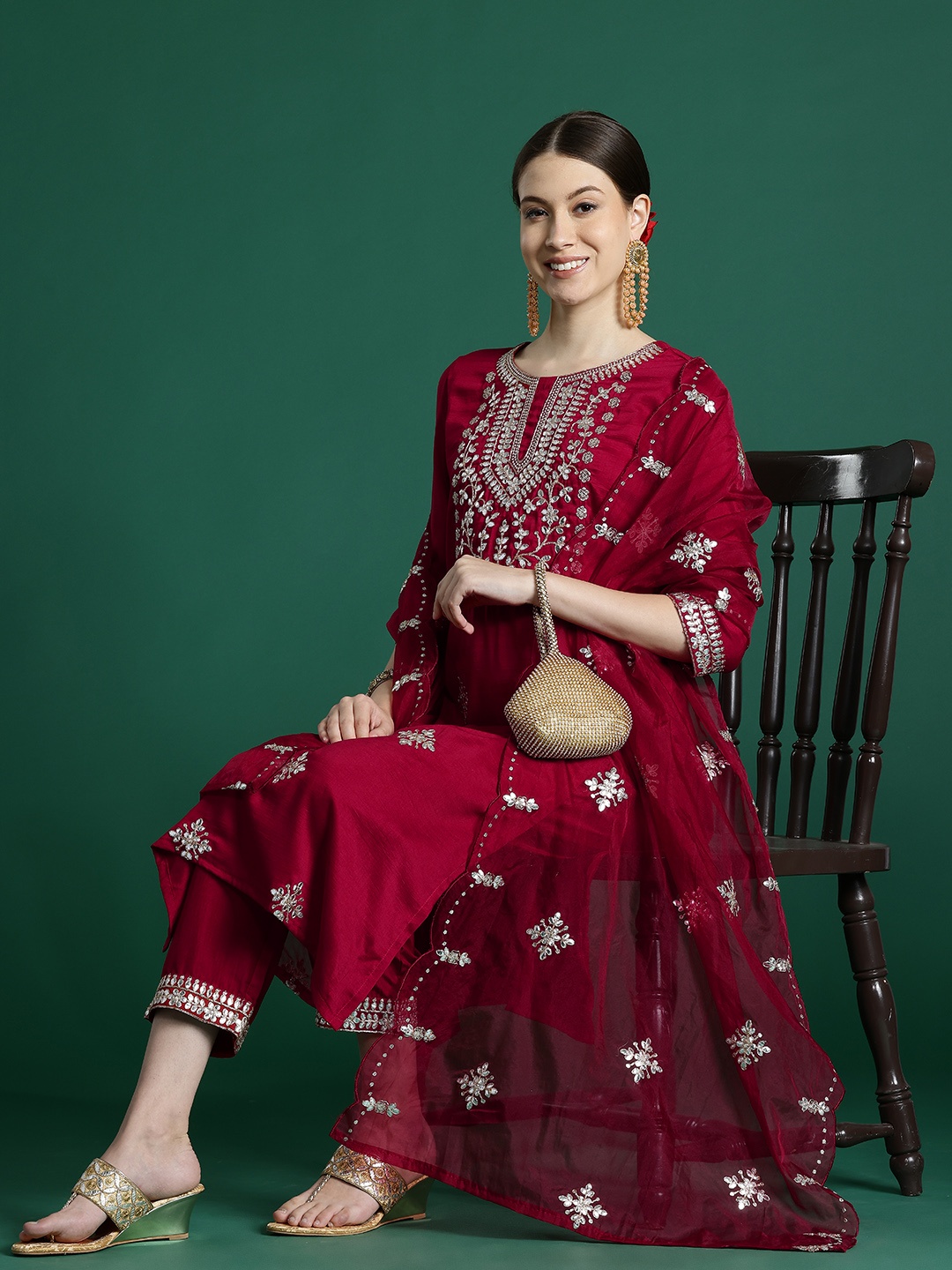 

Indo Era Women Ethnic Motifs Embroidered Regular Sequinned Kurta with Trousers & With Dupatta, Maroon