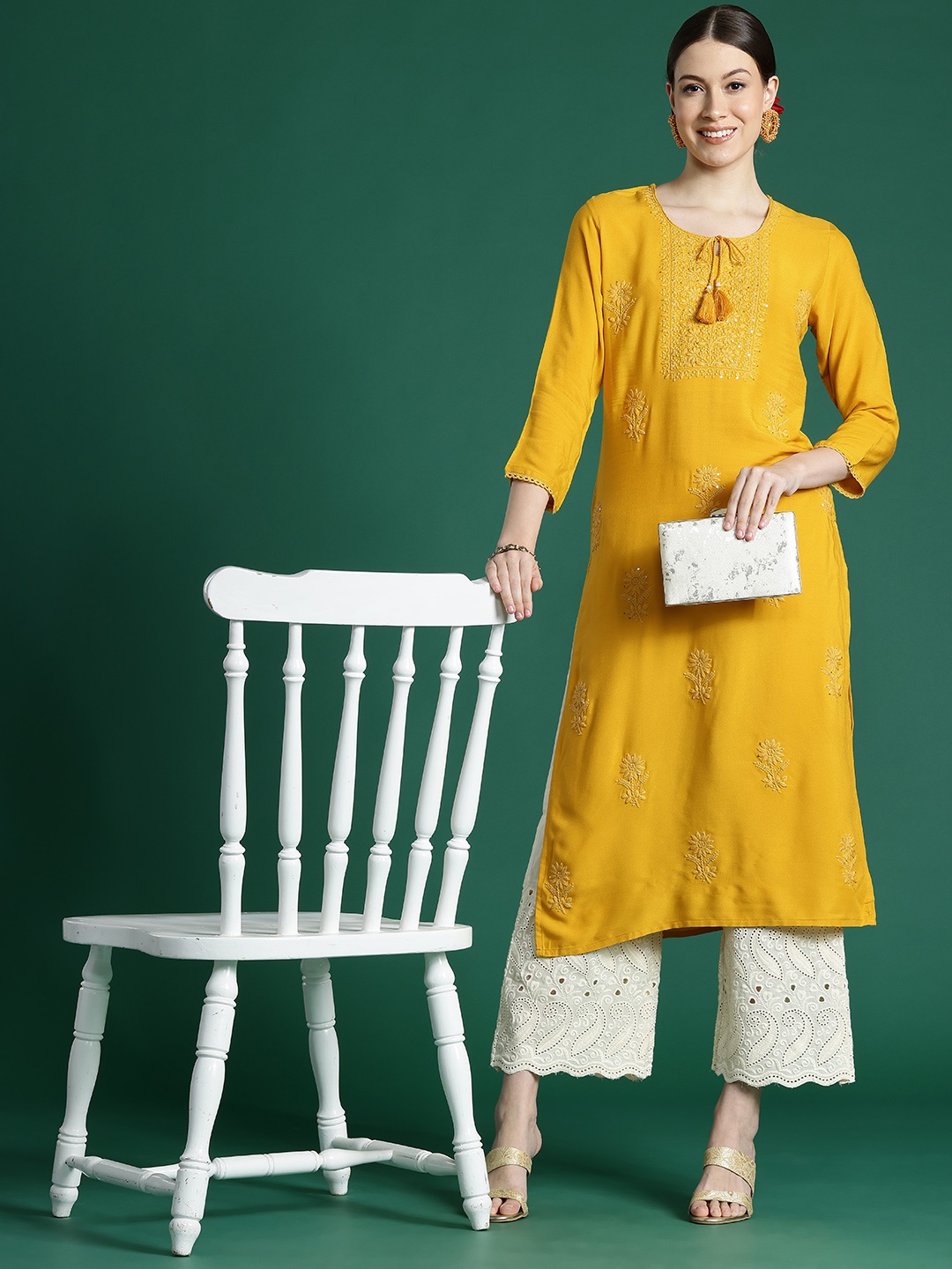 

Indo Era Floral Embroidered Thread Work Kurta, Mustard