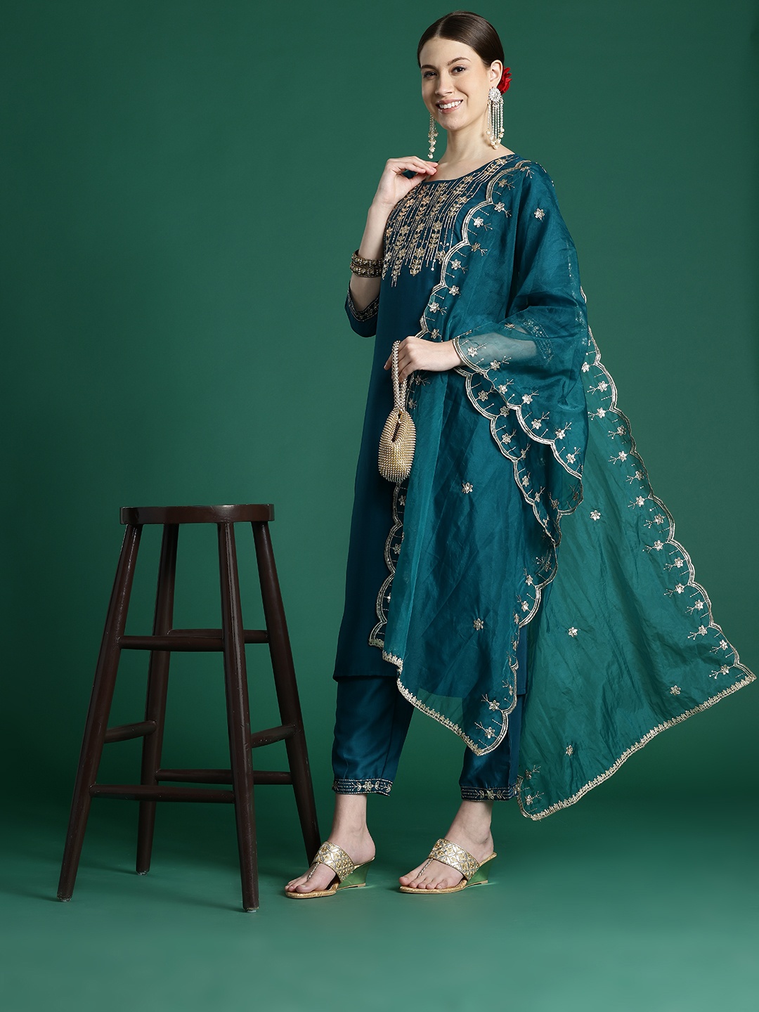 

Indo Era Women Floral Embroidered Regular Sequinned Kurta with Trousers & With Dupatta, Teal