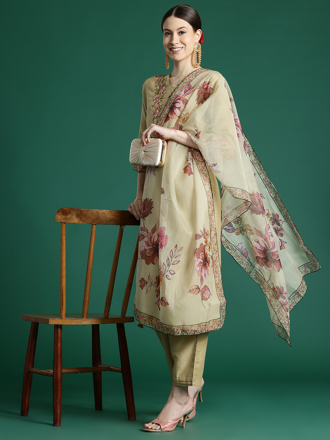 

Indo Era Women Floral Embroidered Regular Thread Work Kurta with Trousers & With Dupatta, Beige