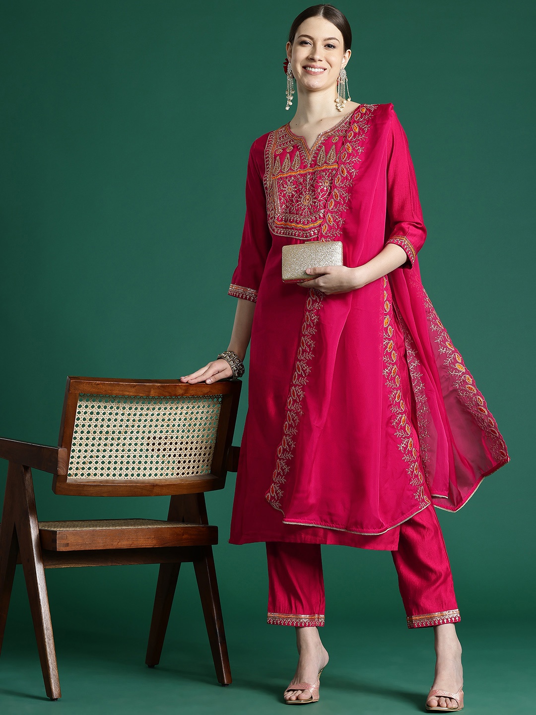 

Indo Era Women Ethnic Motifs Embroidered Regular Sequinned Liva Kurta with Trousers & With Dupatta, Magenta