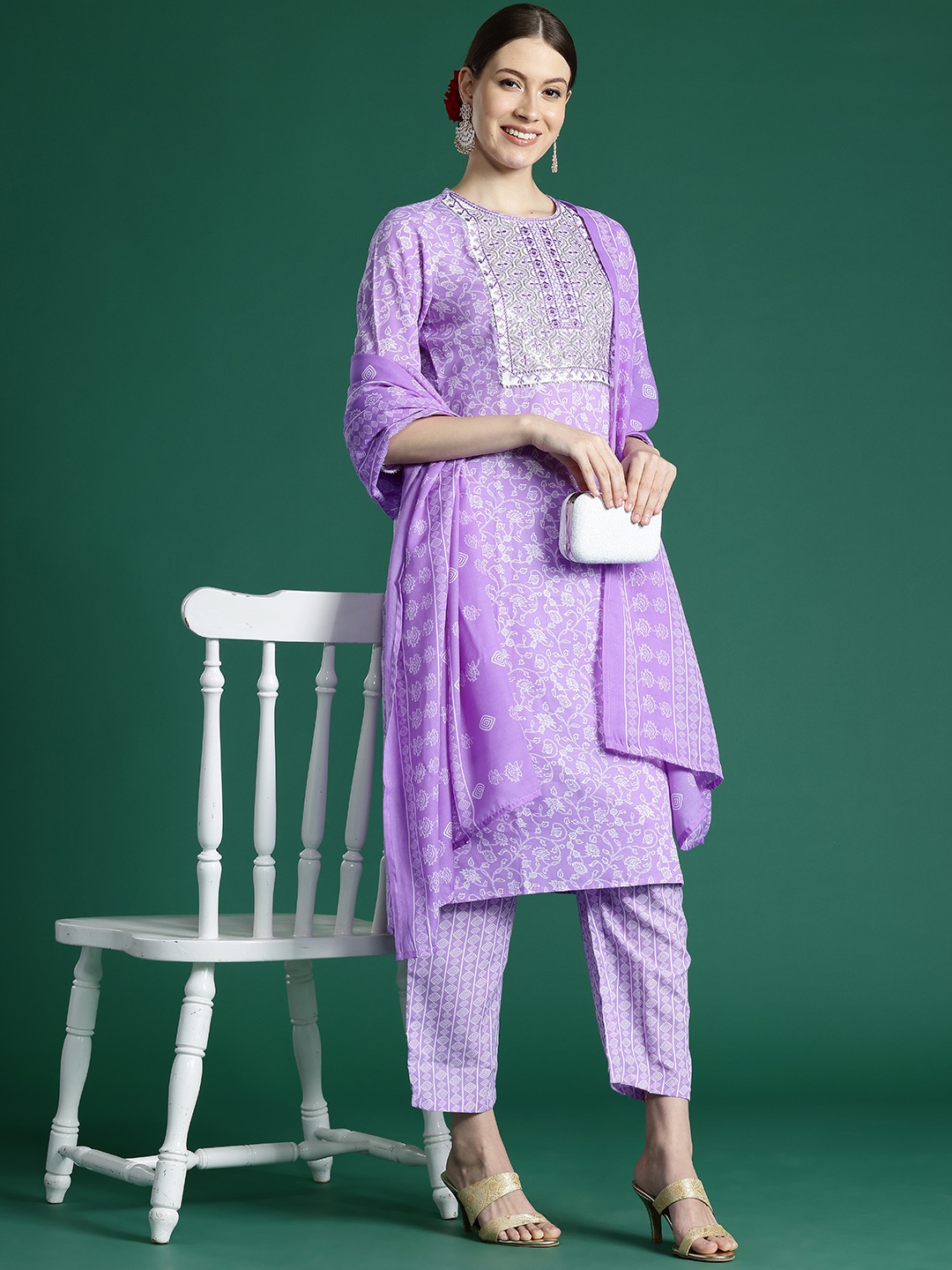 

Indo Era Women Floral Embroidered Regular Sequinned Kurta with Trousers & With Dupatta, Purple