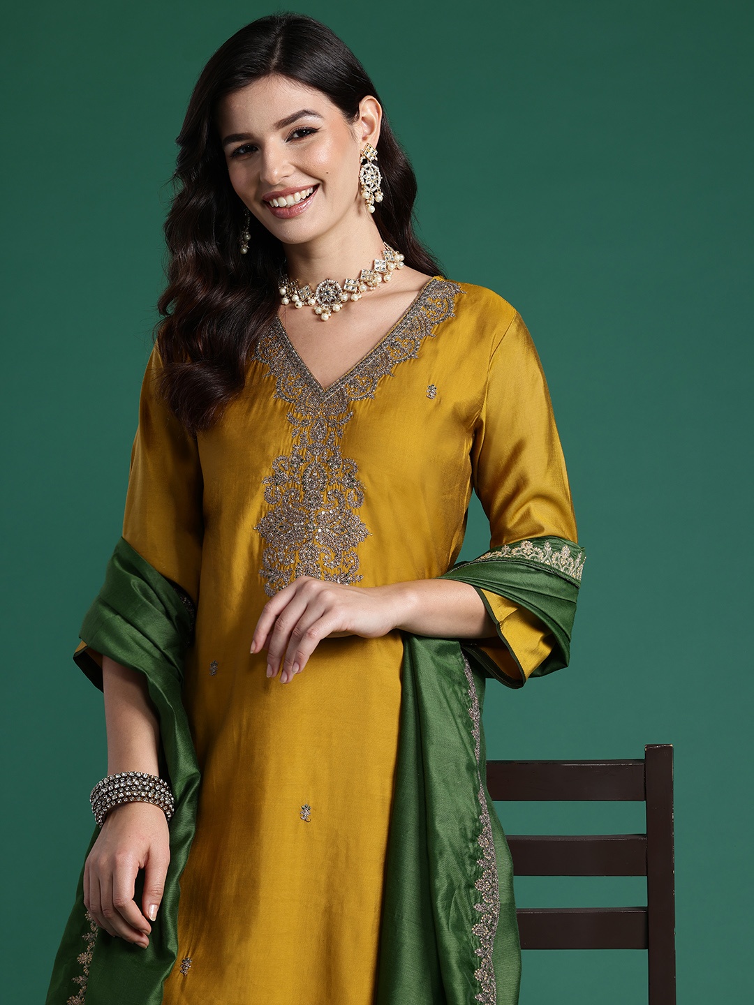 

Indo Era Ethnic Motifs Embroidered Sequinned Kurta With Trousers & Dupatta, Mustard