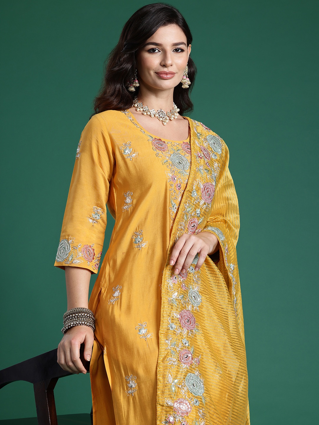 

Indo Era Floral Embroidered Sequinned Kurta With Trousers & Dupatta, Yellow