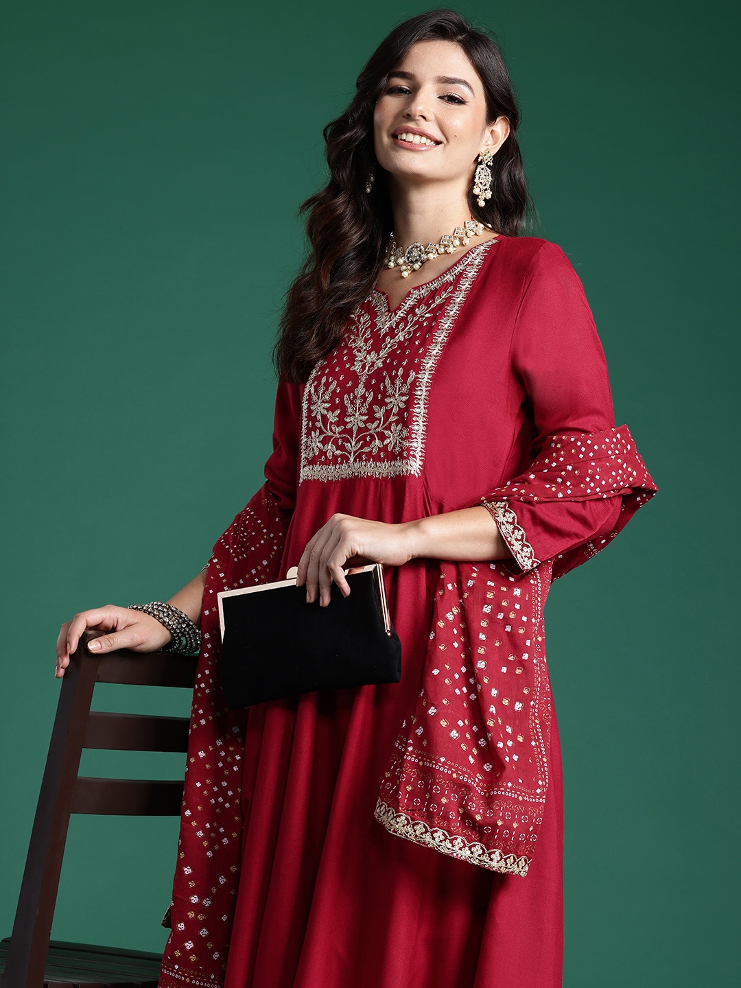 

Indo Era Floral Yoke Design Sequinned Kurta With Trousers & Dupatta, Maroon