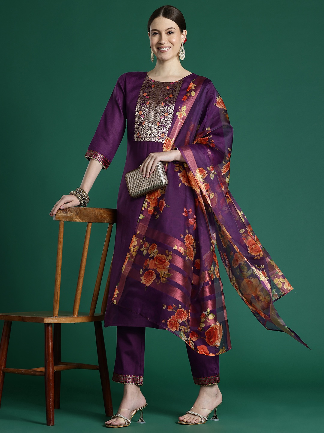 

Indo Era Women Yoke Design Regular Pure Cotton Kurta with Trousers & With Dupatta, Purple