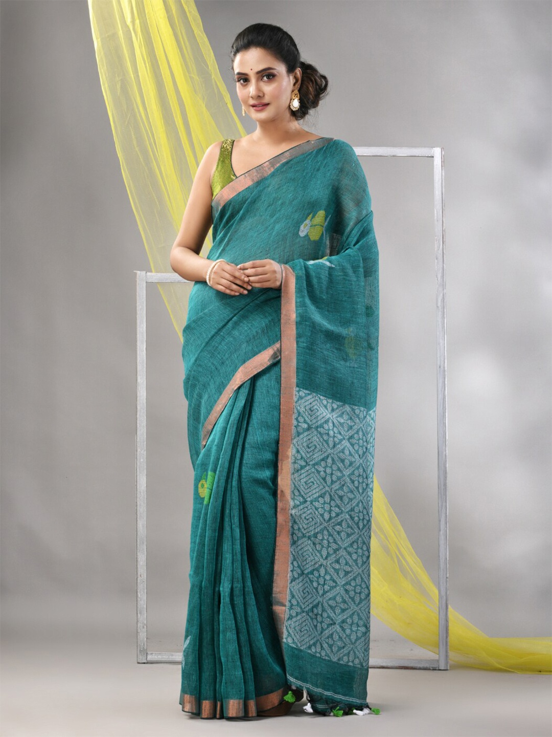 

Charukriti Woven Design Zari Pure Linen Saree, Blue