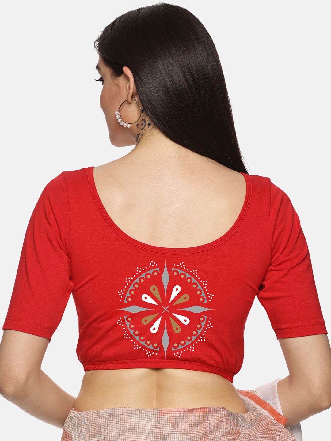 

NOT YET by us Floral Printed Stretchable Cotton Saree Blouse, Red