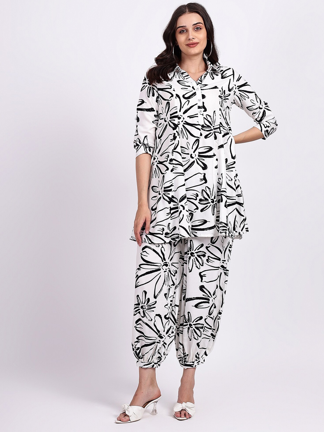 

NKSA FASHION Printed Pure Cotton Shirt Collar Top & Trouser Co-Ords, White