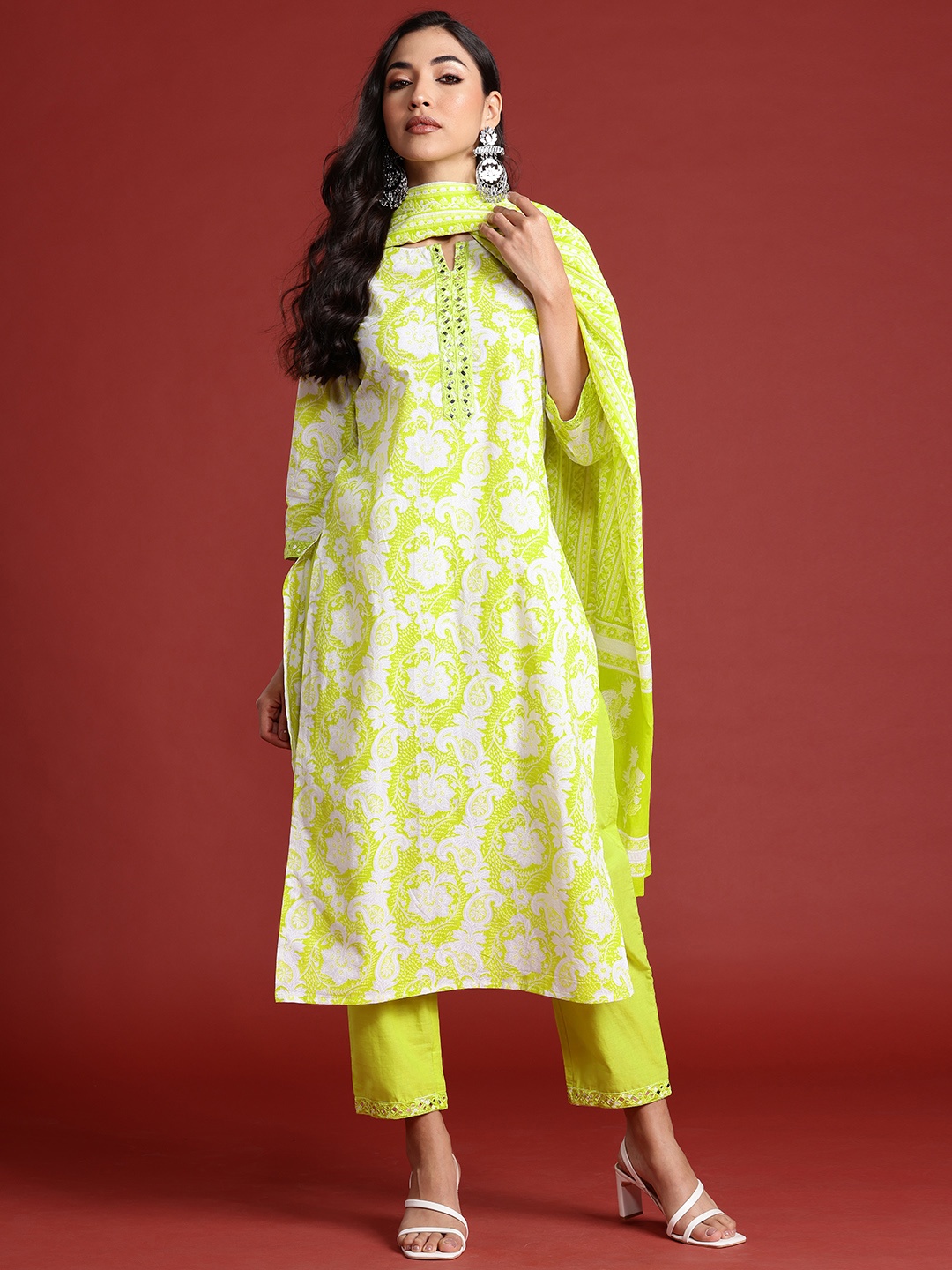 

Indo Era Floral Printed Thread Work Pure Cotton Kurta With Trousers & Dupatta, Fluorescent green