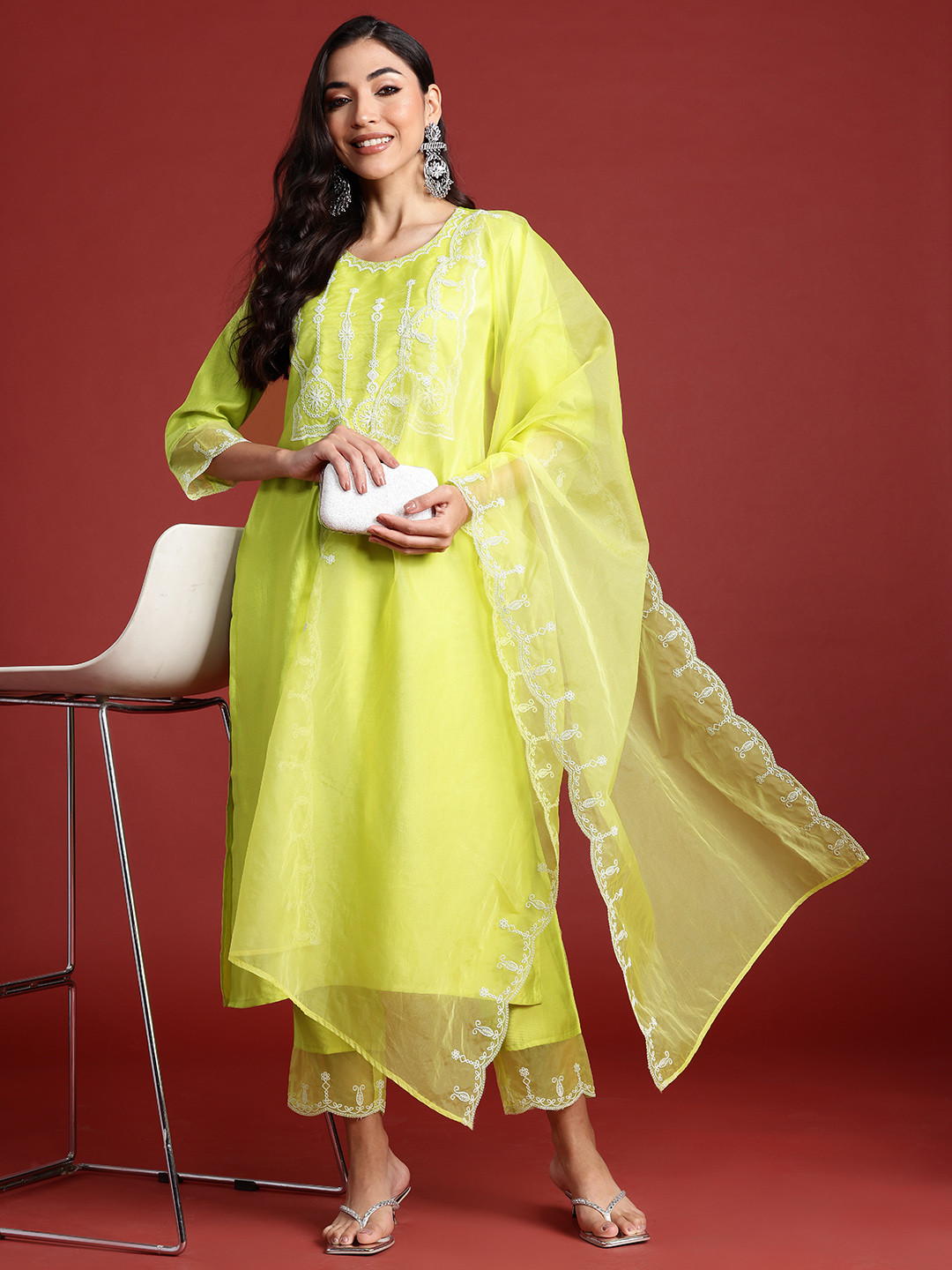 

Indo Era Ethnic Motifs Embroidered Aari Work Liva Kurta With Trousers & Dupatta, Fluorescent green
