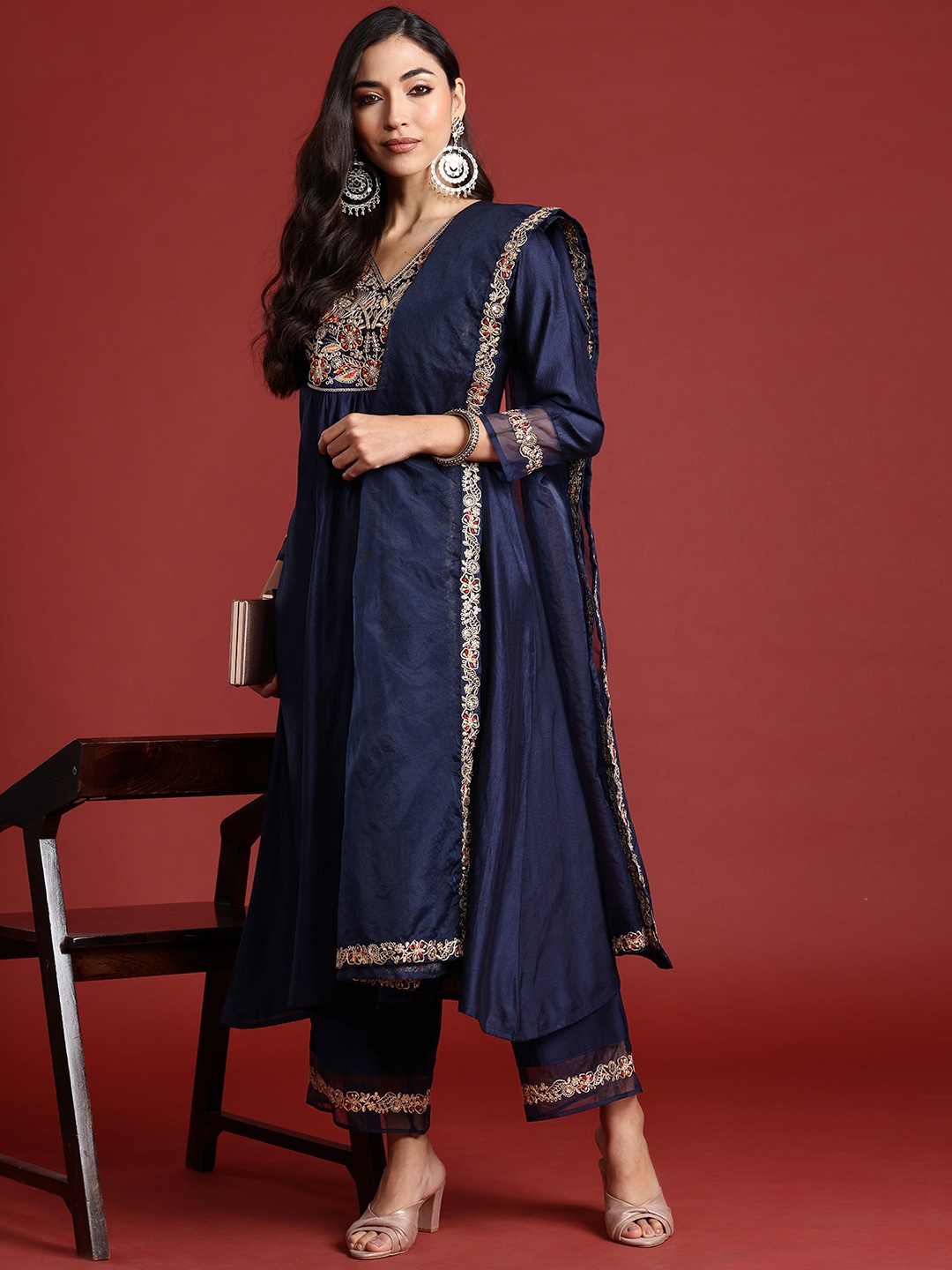 

Indo Era Floral Embroidered Empire Liva Kurta With Trousers & Dupatta, Navy blue